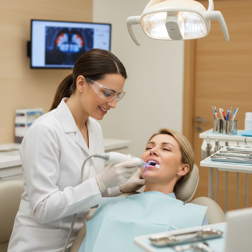 Professional photo of a dentist using laser for tooth whitening in a modern clinic