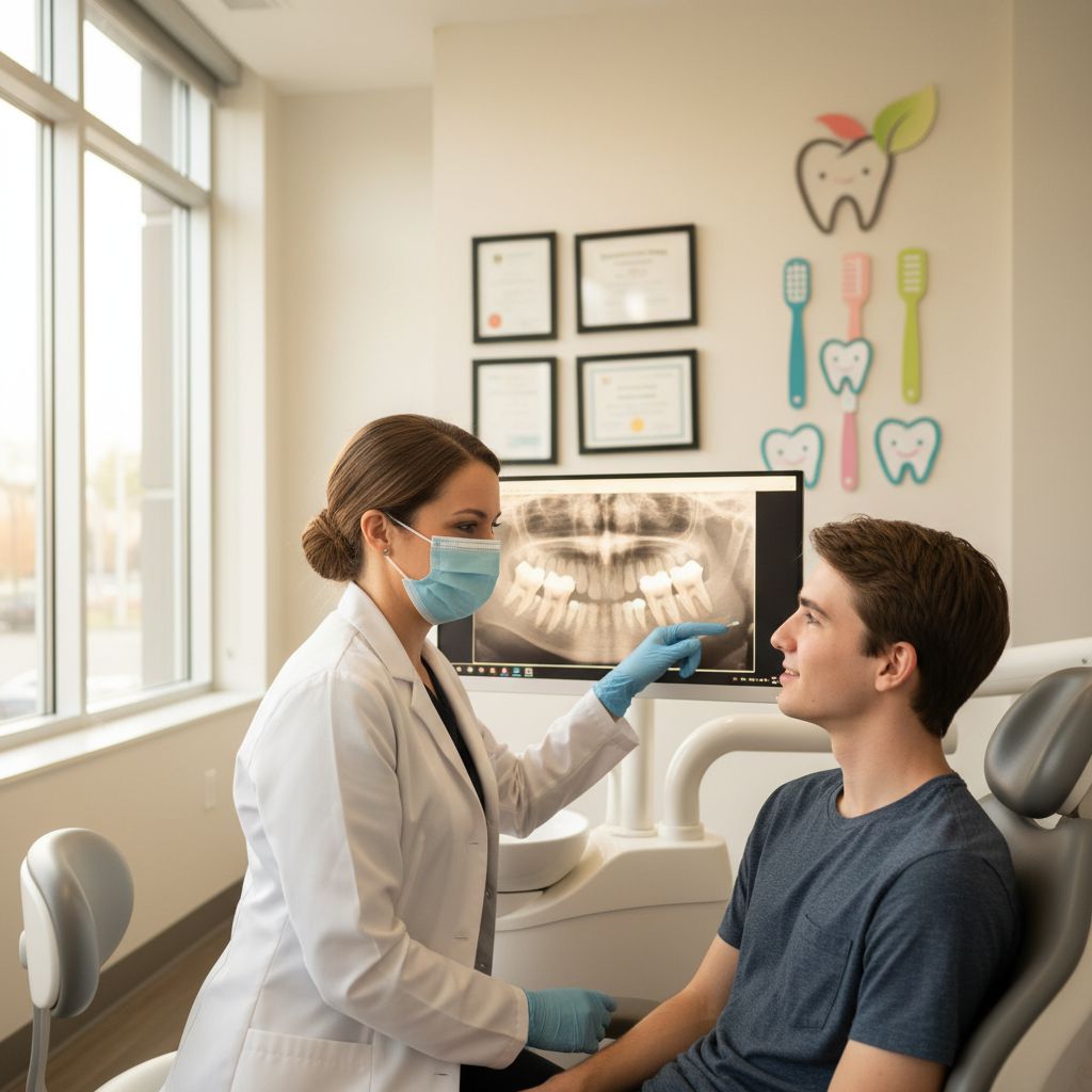 A dentist consulting with a patient about wisdom tooth extraction in a modern dental clinic.