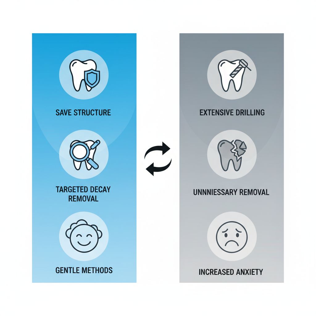 Infographic comparing core principles of minimally invasive versus traditional dentistry