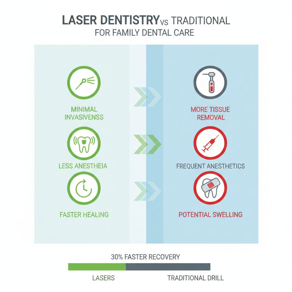 Infographic comparing benefits of laser dentistry to traditional dental methods with icons and minimal labels