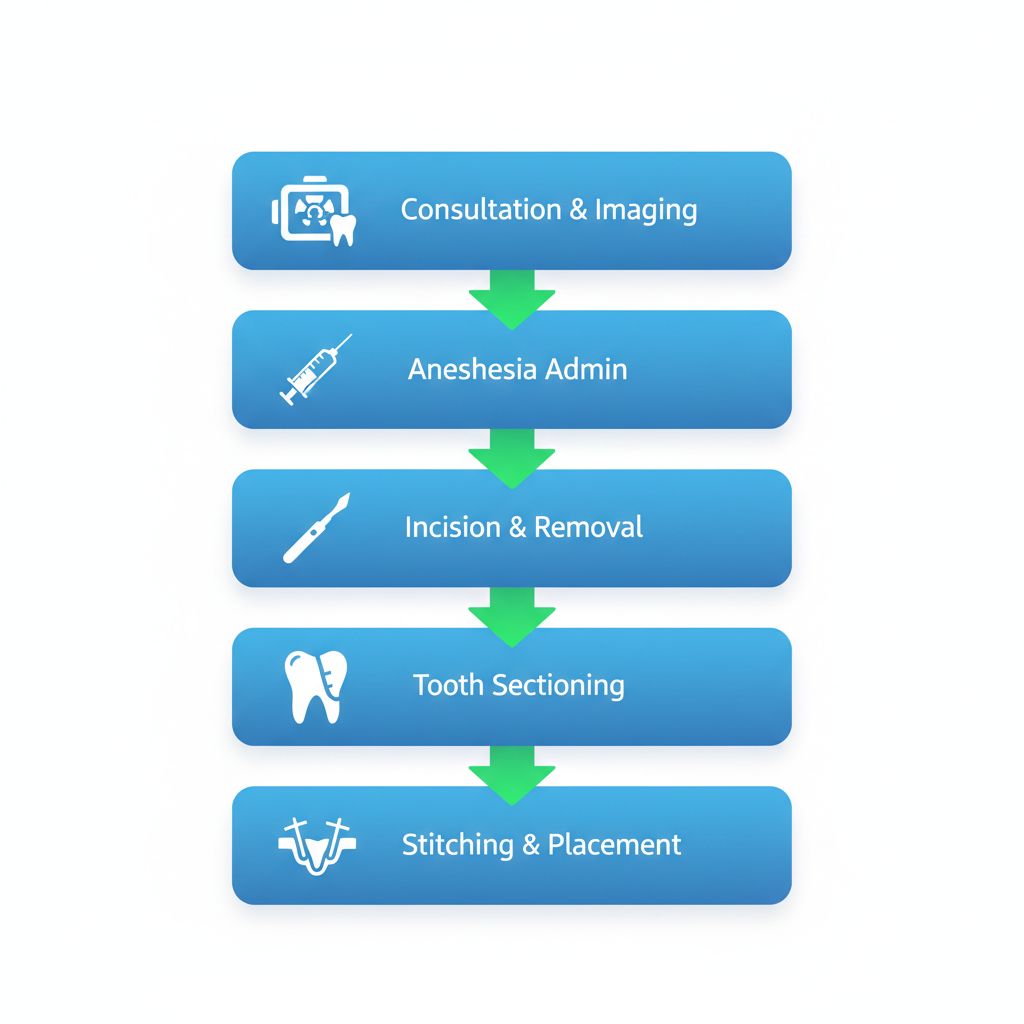 Illustrated vertical process flow diagram showing five steps of wisdom tooth extraction procedure: consultation with imaging, anesthesia, incision and bone removal, tooth sectioning and extraction, stitching and gauze placement.