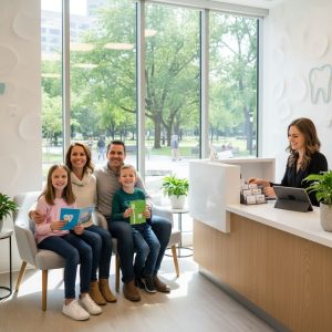 A smiling family of four relaxing in a modern dental clinic waiting area in London, Ontario, with natural light and welcoming atmosphere.