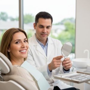 Confident patient showcasing natural dental veneers with dentist in modern clinic