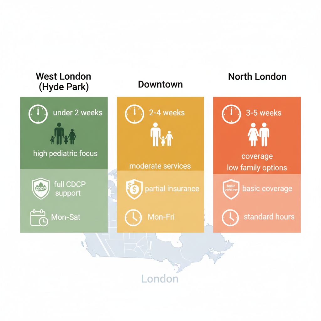 Infographic comparing preventive dental care access in West London, Downtown, and North London neighborhoods with icons for wait times, services, insurance, and hours.