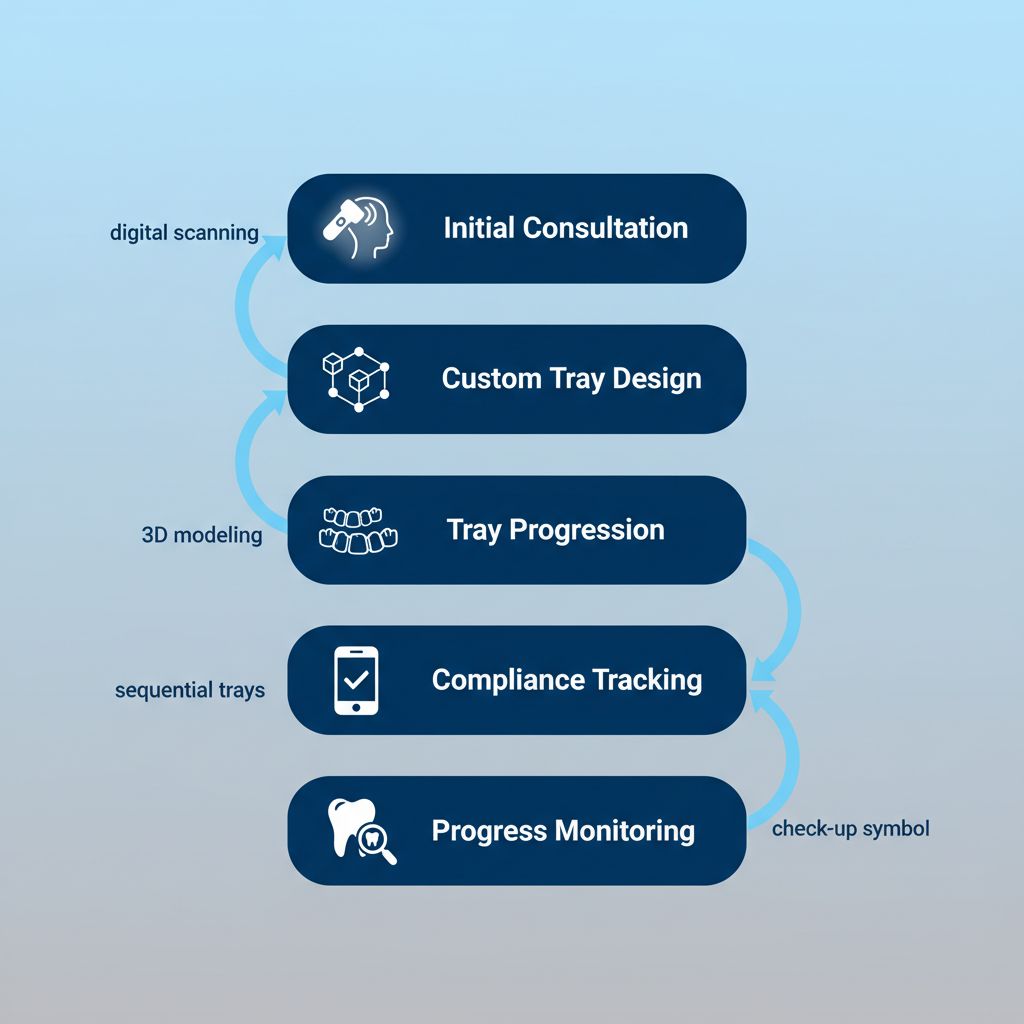 Vertical process flow diagram showing five stages of clear aligner treatment at Smilo Family Dental