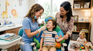 Kind female dentist gently examining happy young boy's teeth in child-friendly clinic with family present, bright modern office in Hyde Park, London.