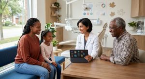 Friendly family dentist consulting multi-generational family on dental care plan in modern London Ontario clinic using tablet warm inviting atmosphere.