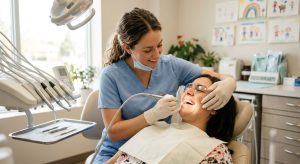 Friendly female dental hygienist in light blue scrubs cleaning teeth of relaxed adult patient in modern family dental clinic.