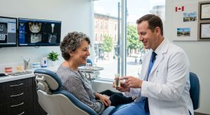 Professional dentist consulting middle-aged patient on dental implants in modern London clinic