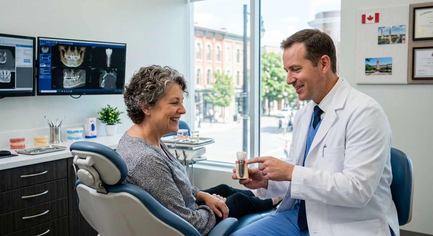 Professional dentist consulting middle-aged patient on dental implants in modern London clinic