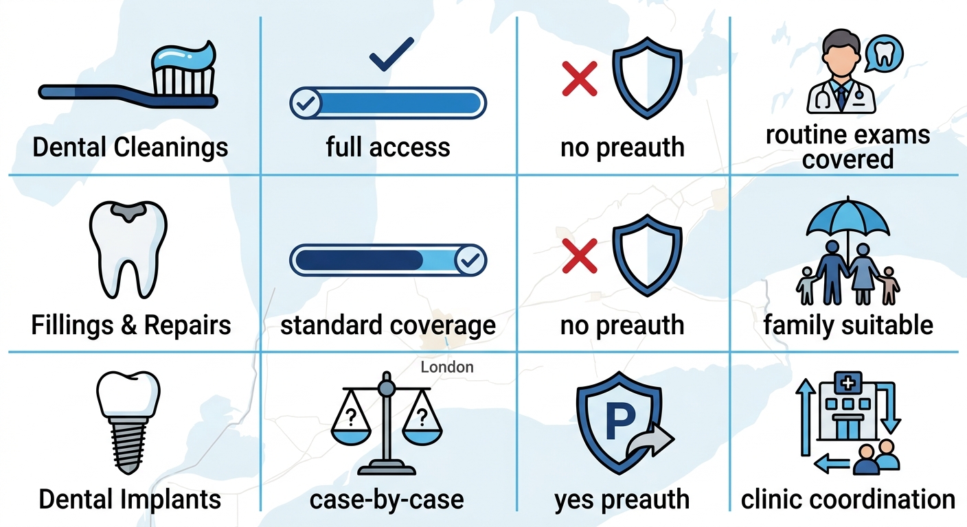 Infographic comparing CDCP coverage levels, preauthorization, and notes for dental cleanings, fillings, and implants in Ontario.