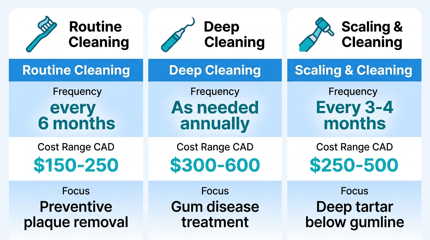 Infographic comparing routine cleaning, deep cleaning, and scaling & cleaning types with frequencies, costs, and focuses in London, Ontario.