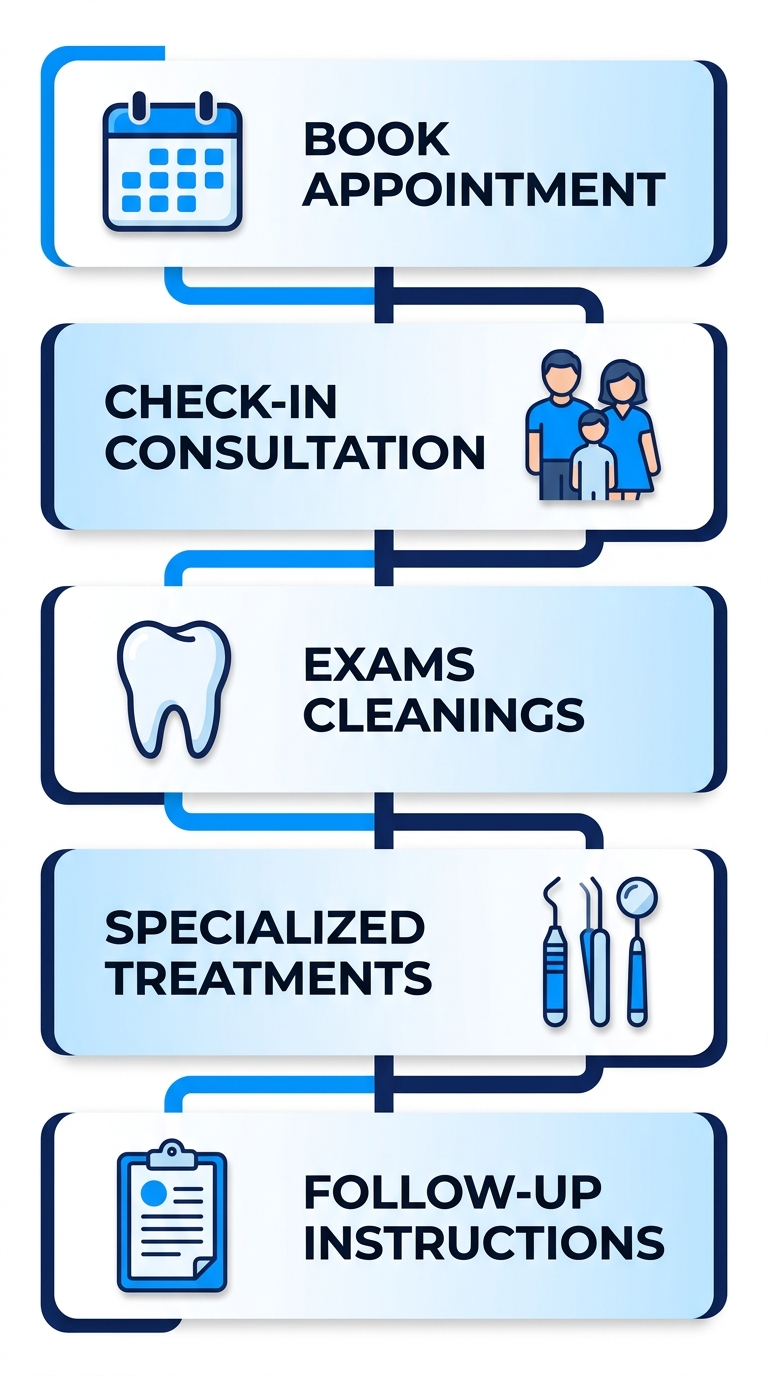 Vertical process flow diagram of family dental care workflow with five stages: booking, check-in, exams, treatments, and follow-up.
