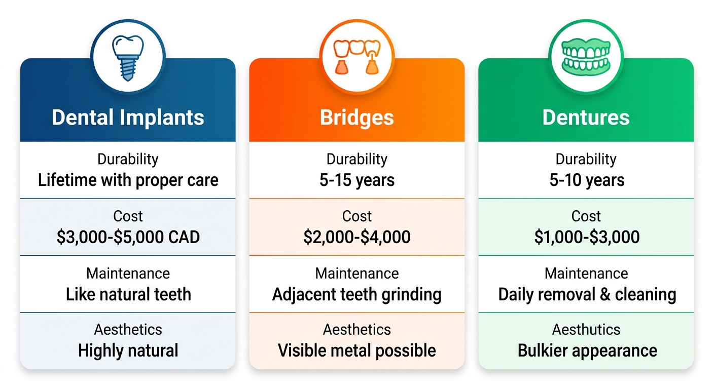 Infographic comparing dental implants, bridges, and dentures by durability, cost, maintenance, and aesthetics for London, Ontario.
