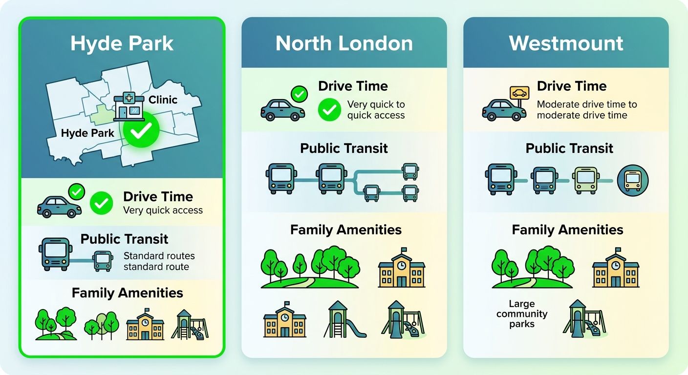 Infographic comparing pediatric dental access from Hyde Park, North London, and Westmount neighborhoods in London, Ontario, with drive time, transit, and amenity icons.
