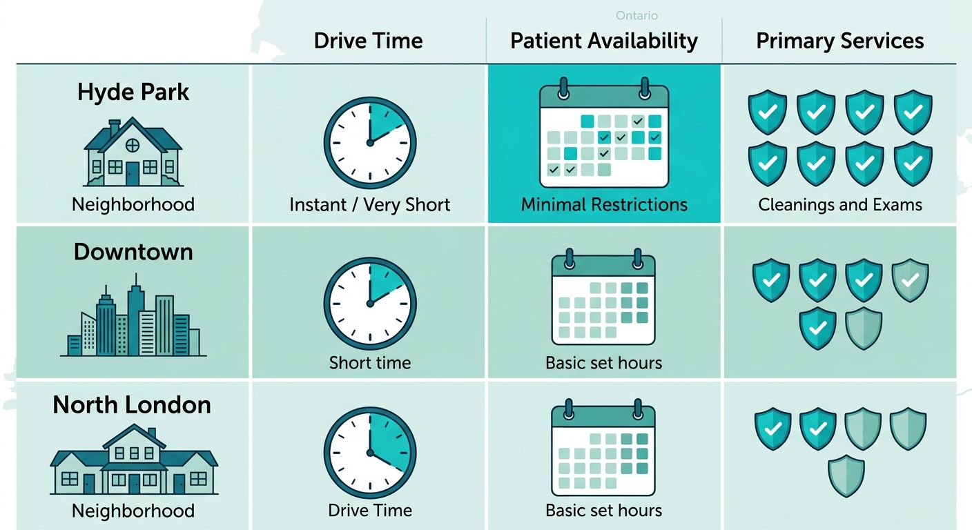Infographic comparing pediatric dental access in Hyde Park versus Downtown and North London neighborhoods