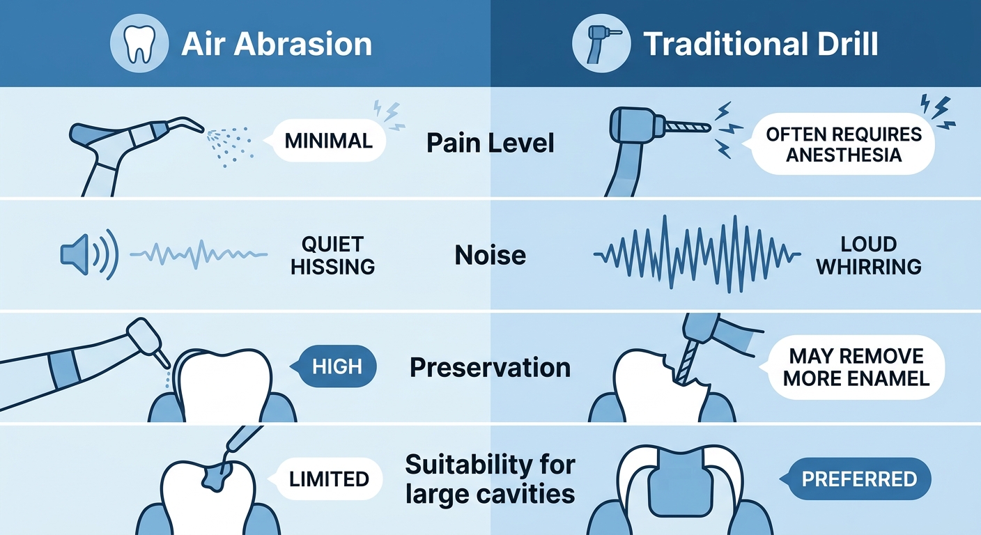 Infographic comparing air abrasion and traditional dental drilling methods across pain, noise, preservation, and cavity suitability.