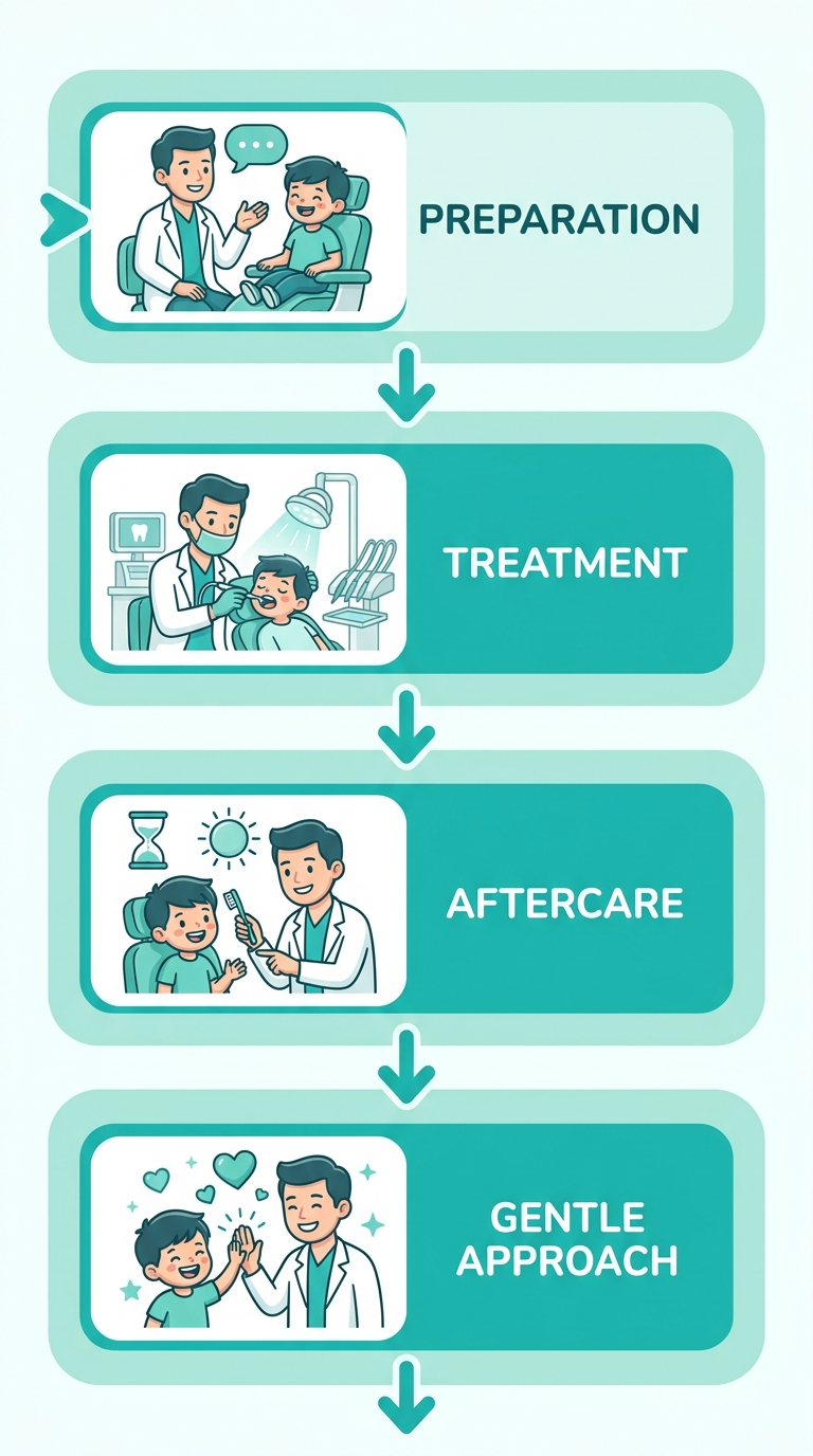 Four-stage process flow for a child's cavity treatment visit at Smilo Family Dental