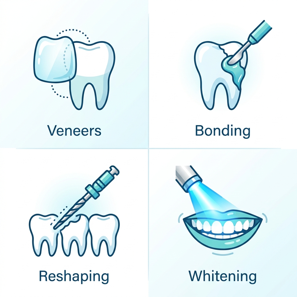 Square 2x2 grid of modern flat icons for cosmetic dentistry: veneers as shiny tooth shell, bonding tool, reshaping file, whitening beam.