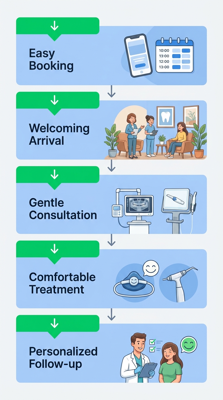 Vertical process flow diagram of five stages in a stress-free dental visit: booking, arrival, consultation, treatment, and follow-up at Smilo Family Dental.