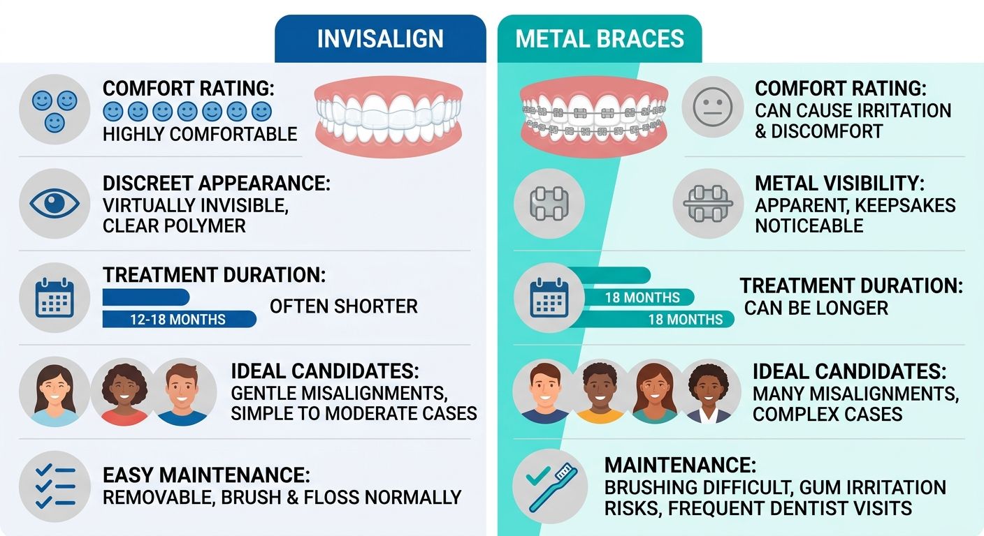 Side-by-side comparison of Invisalign clear aligners and traditional braces showing comfort, visibility, treatment duration, ideal candidates, and maintenance requirements for dental patients in London, Ontario.
