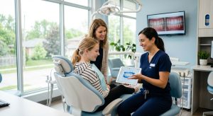 A female dentist in scrubs kneels beside a dental chair, showing a teen patient and a parent a 3D iTero scan on a tablet in a bright, modern London dental office.
