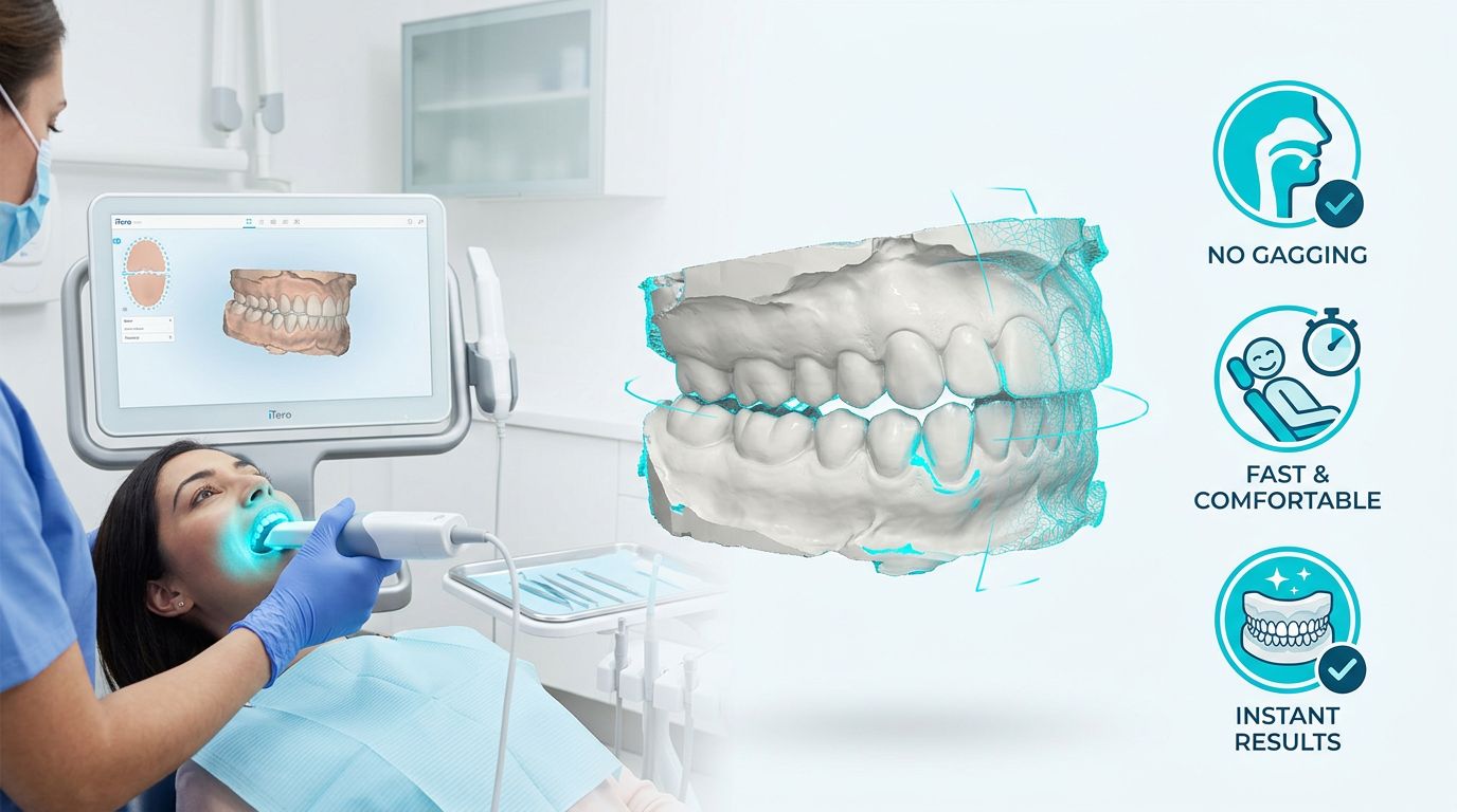 Modern infographic illustrating the iTero digital scanning process with a handheld wand, 3D dental model, and patient benefit icons.