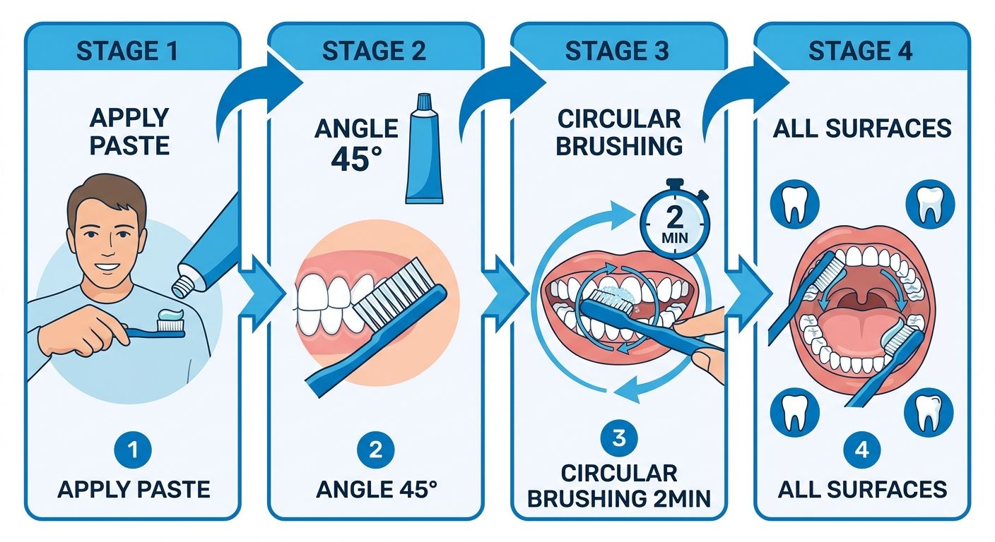 Four-step family brushing routine infographic with fluoride toothpaste application, 45-degree brushing angle, two-minute circular brushing, and all tooth surfaces coverage