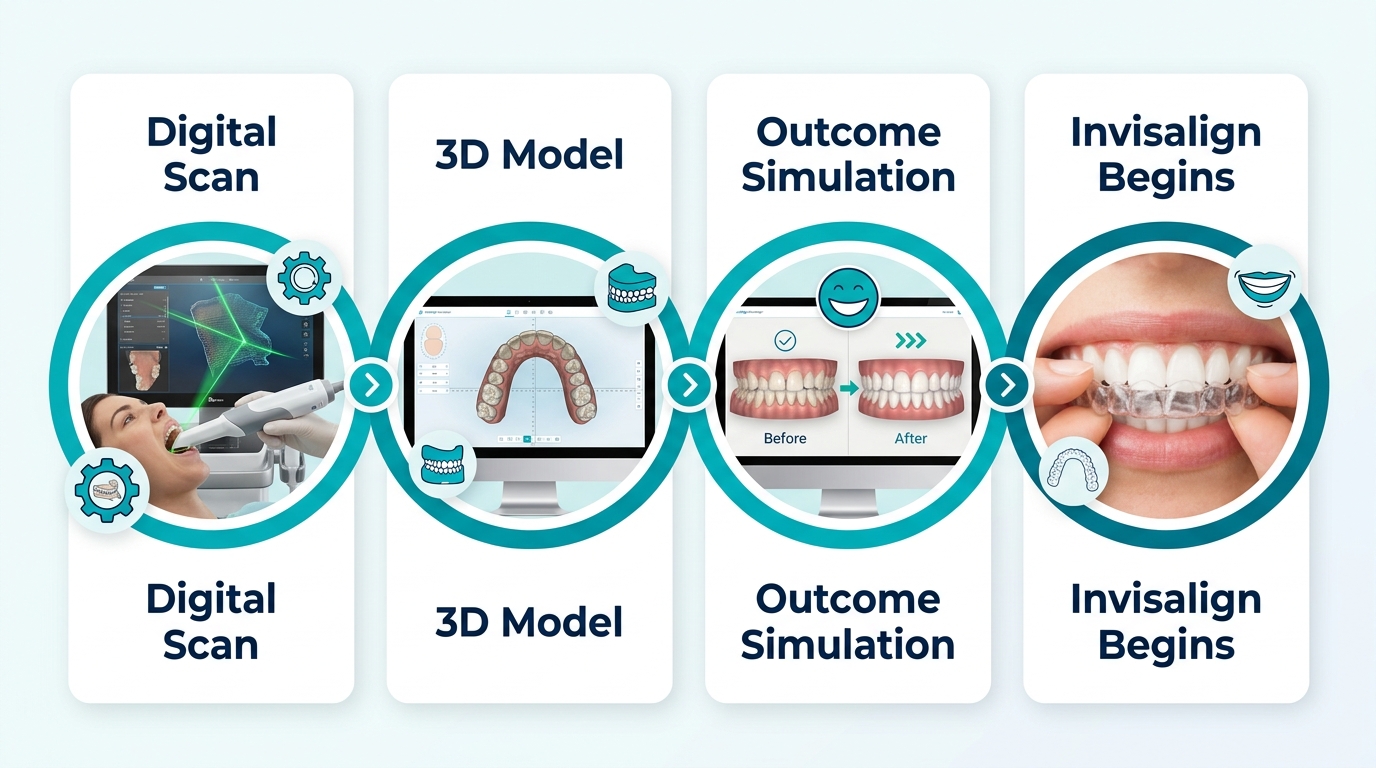 A horizontal infographic showing four stages of an Invisalign treatment journey, starting with a digital scan using an iTero wand, progressing to a 3D model of a tooth arch with blue scanning beams, then a monitor displaying the smile simulation, and finally a clear aligner icon, all connected by clean arrows.
