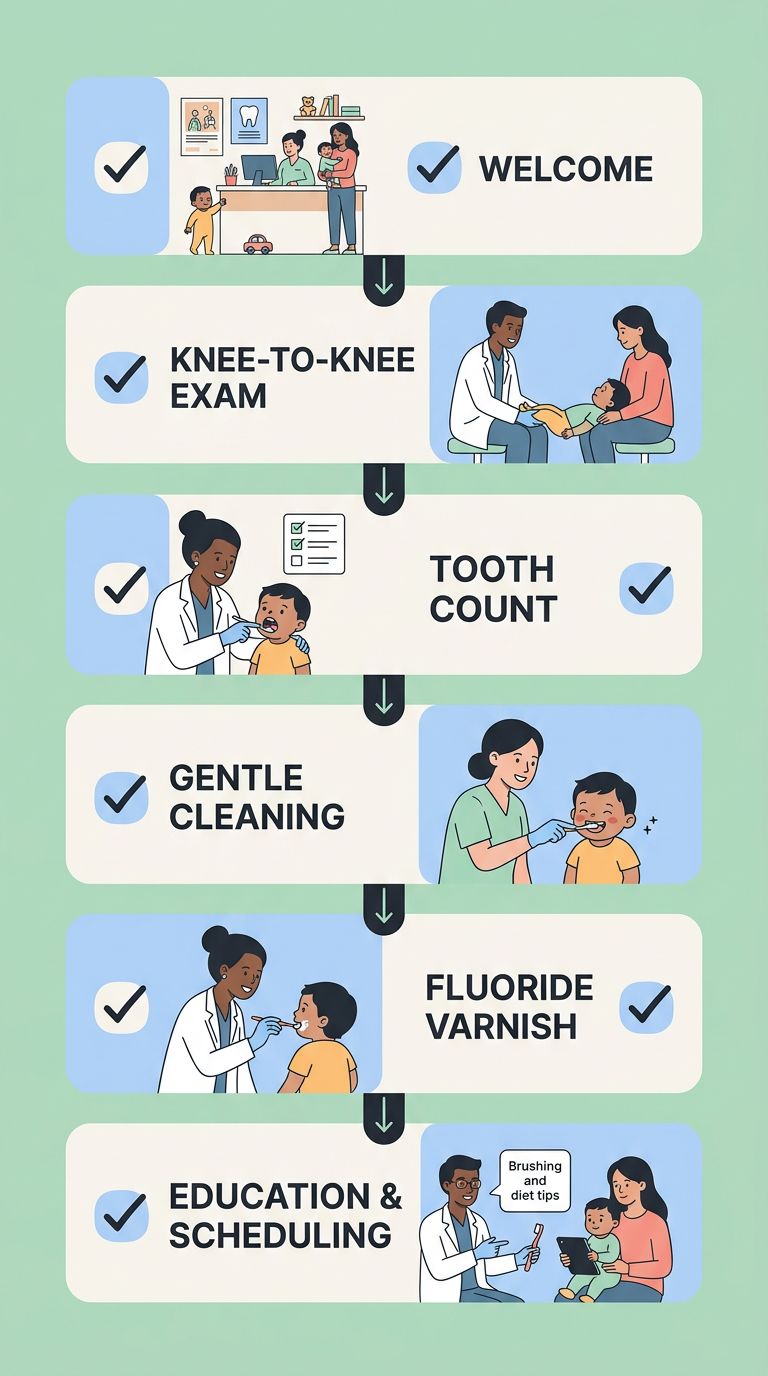 Vertical process flow showing six steps of a toddler's first dental checkup at Smilo Family Dental, from welcome through knee-to-knee exam, tooth count, gentle cleaning, fluoride varnish, to education and scheduling.